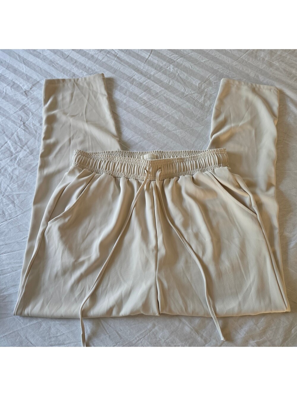 Melloday Women's Casual Cream Elastic Waist Pants Large